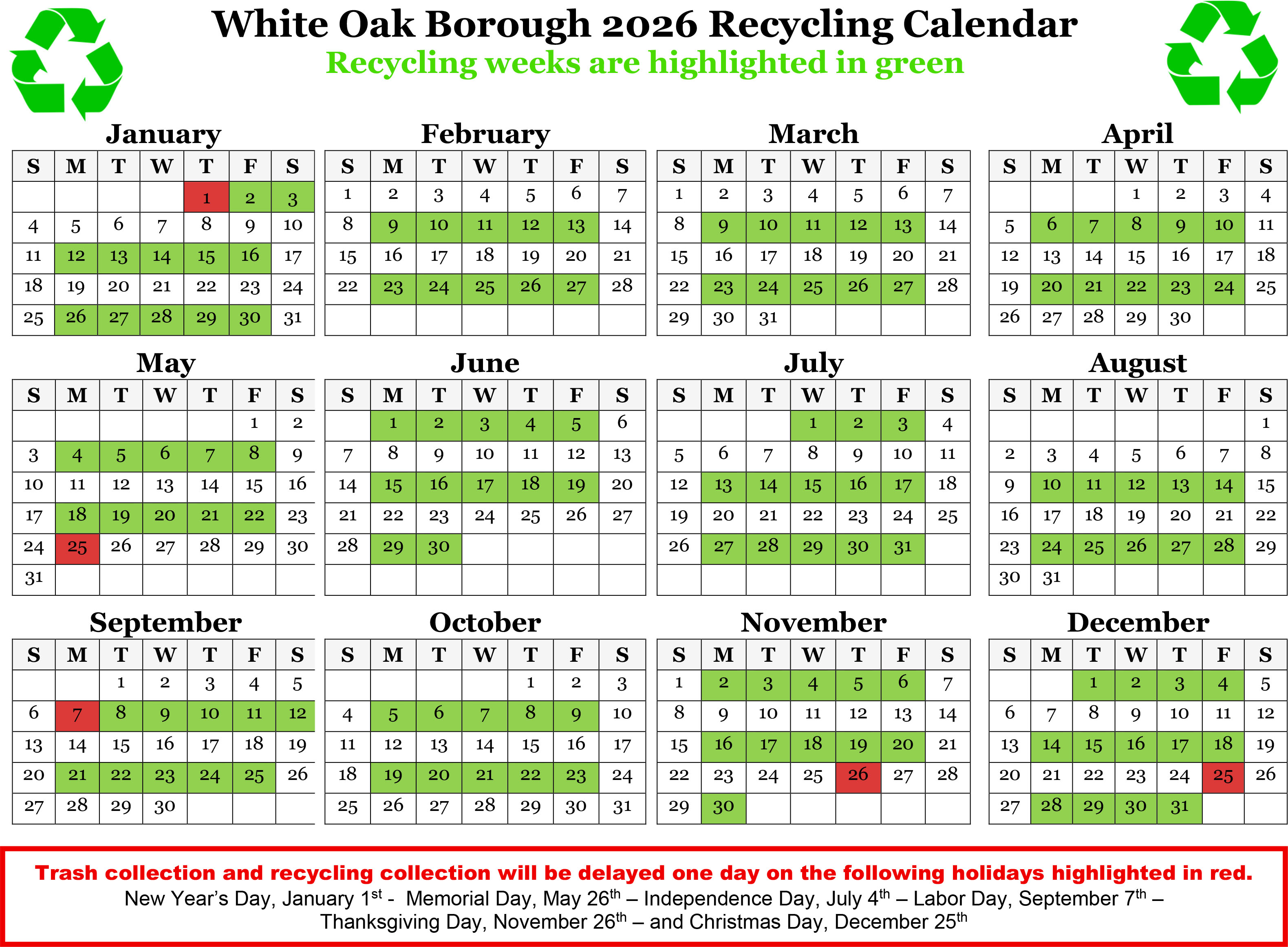 White Oak Borough 2026 Recycling Calendar
